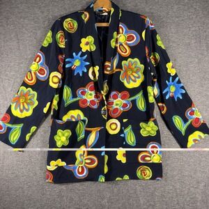 Women's Statement Piece Bright Floral Navy Blazer Jacket Art To Wear 1 Button L